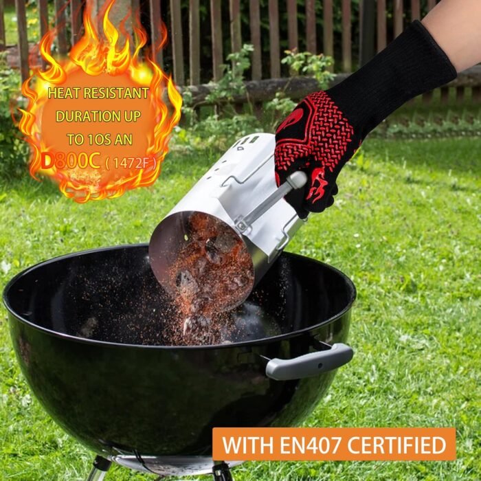 BBQ Fireproof Gloves, Grill Cut-Resistant Gloves 1472°F Heat Resistant Gloves, Non-Slip Silicone Oven Gloves, Kitchen Safe Cooking Gloves for Oven Mitts,Barbecue,Cooking, Frying,13.5 Inch-Red - Image 4