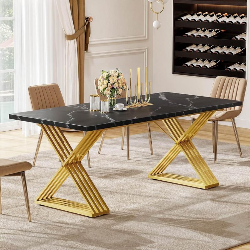 DWVO Dining Table for 6-8 People 70.9" Large Rectangular Kitchen Table Modern Black Dinner Table with Faux Marble Tabletop and Soild Gold Metal Leg for Kitchen Dining Room Table Apartment, Black