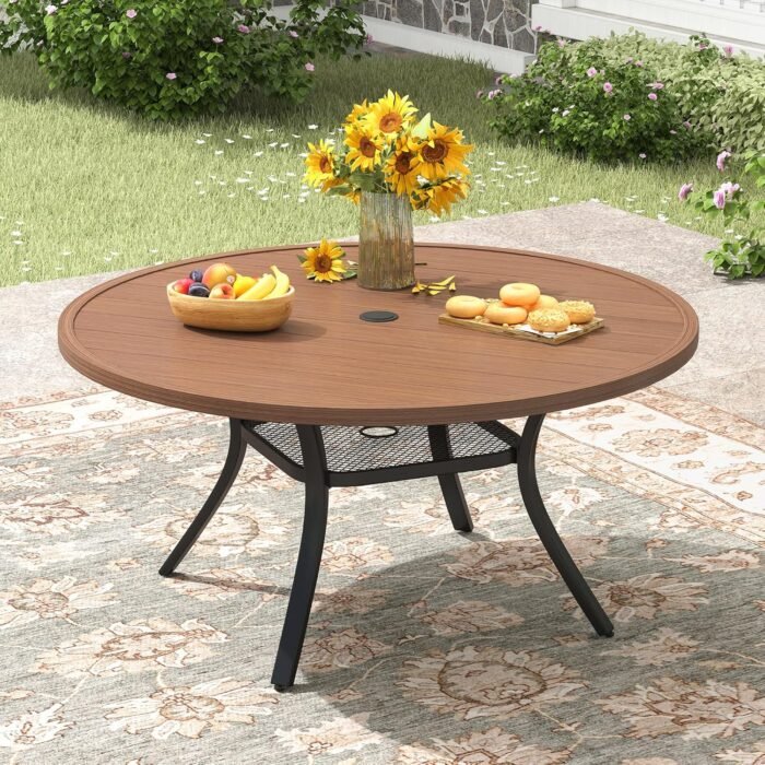 47.2" Patio Dining Table for 6, Round Outdoor Metal Dining Table with Umbrella Hole for Lawn Garden Backyard, Walnut