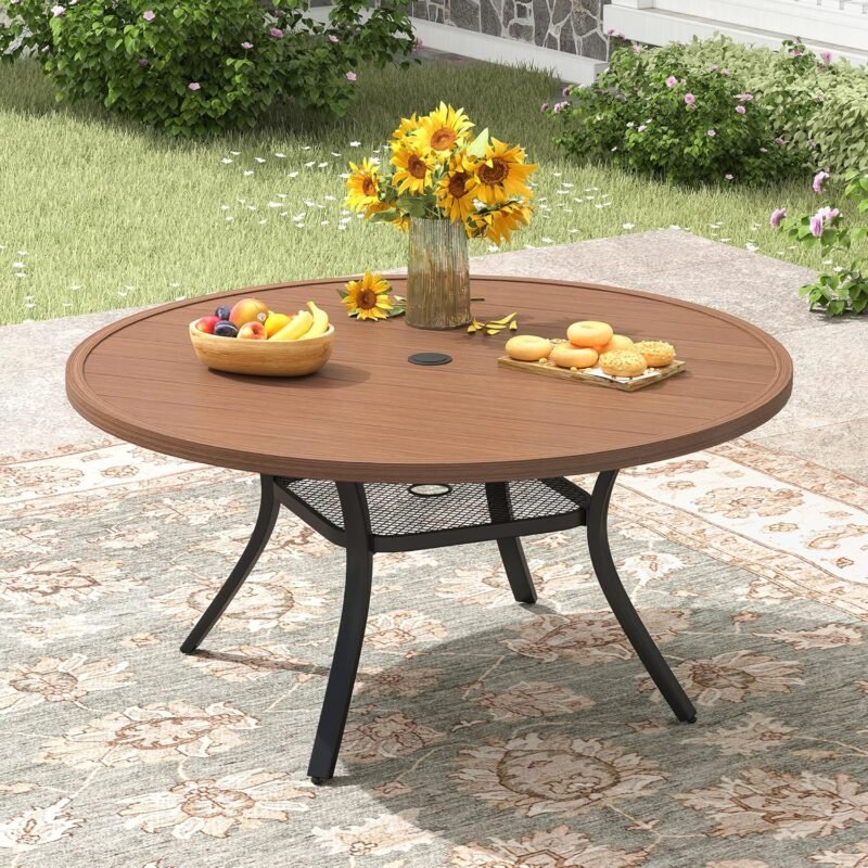 47.2" Patio Dining Table for 6, Round Outdoor Metal Dining Table with Umbrella Hole for Lawn Garden Backyard, Walnut