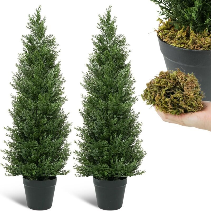 3ft Artificial Topiary Cedar Trees - Faux Outdoor Plants - Topiary Trees Artificial Outdoor - Artificial Plants - Fake Plants - Front Door Decor - Set of 2