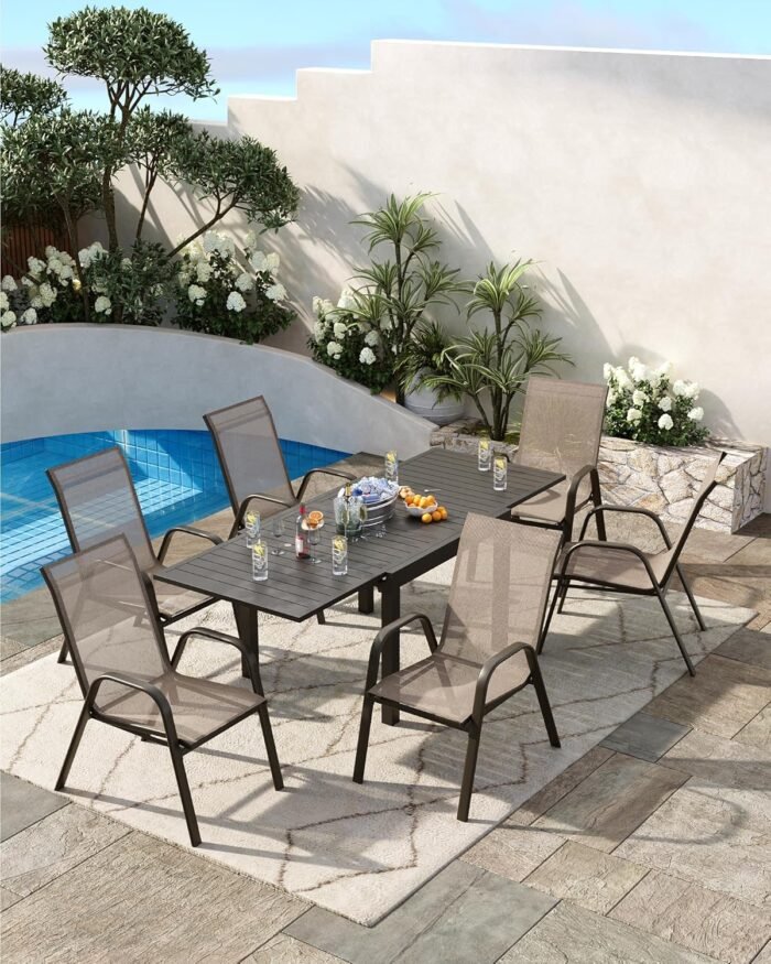 Stackable Dining Chairs Set of 4, High-Back Patio Dining Chairs Set, Outdoor Chairs with Textilene Fabric & Metal Frame for Lawn Backyard Deck Garden, Brown - Image 4