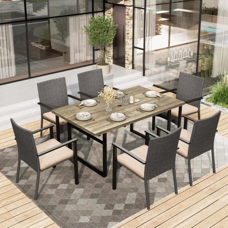HERA'S HOUSE 7 Piece Patio Dining Set for 6, 6 x Outdoor Rattan Armchair with Removable Cushions, 1 x 64 Rectangular Patio Table with Umbrella Hole for Patio, Lawn, Garden