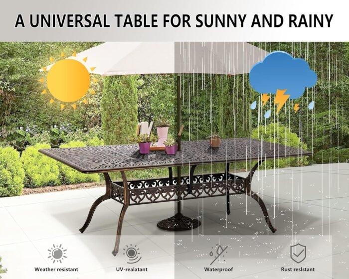 Grepatio Patio Dining Table - Outdoor Cast Aluminum Large Rectangular Table Weather-Resistant Table with 2" Umbrella Hole, People Party Lawn Backyard Garden Bronze, Blak 86.6"(L) x 59"(W) x 28.4"(H) - Image 8