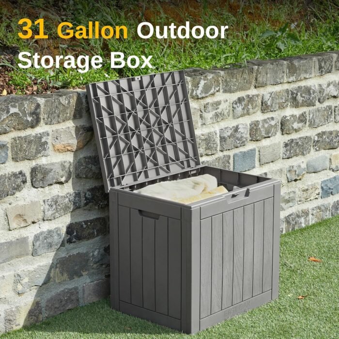 EAST OAK Outdoor Storage Box, 31 Gallon Deck Box Indoor and Outdoor Use, Waterproof Resin Storage Bin for Package Delivery, Patio Cushions, Gardening Tools, Lockable, UV Resistant, Grey - Image 3