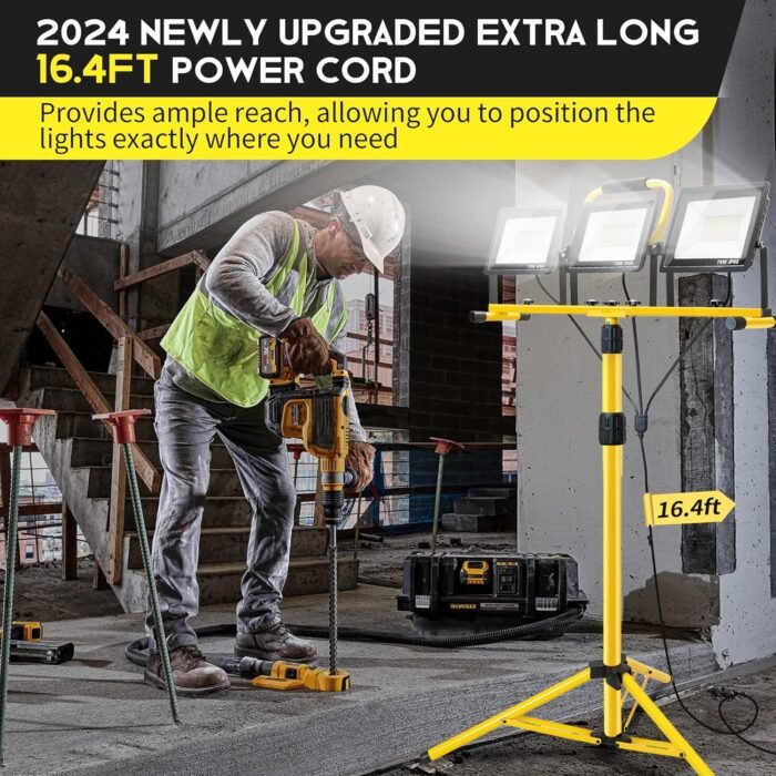 21000Lumen LED Work Lights with Stand: 3 Head Adjustable Work Light with Individual Switch - IP66 Waterproof Foldable Tripod Worklight with 16.4FT Cord for Indoor Outdoor Portable Lighting - Image 7