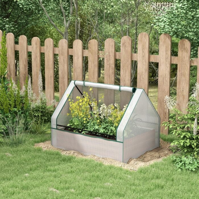 Outsunny 4 x 3 x 1ft Raised Garden Bed with Mini Greenhouse, Galvanized Outdoor Planter Box with Cover, for Herbs and Vegetables, Use for Patio, Garden, Balcony, White Cover and Brown Planter - Image 2