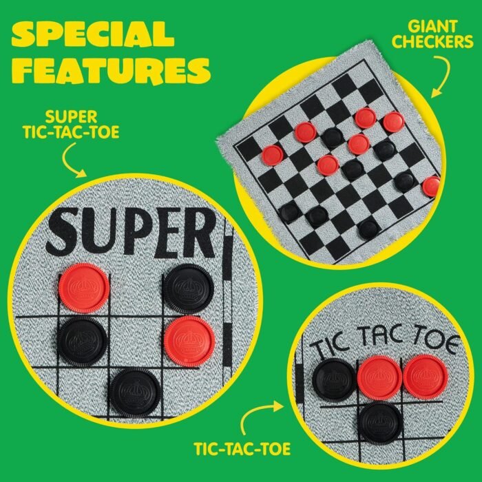 3-in-1 Vintage Giant Checkers, Tic, Tac, Toe, with Reversible Mat, 24 Chips, Family Board Game, Lawn Game, BBQ Party Favor, Indoor and Outdoor Activity for Kids and Adults - Image 3