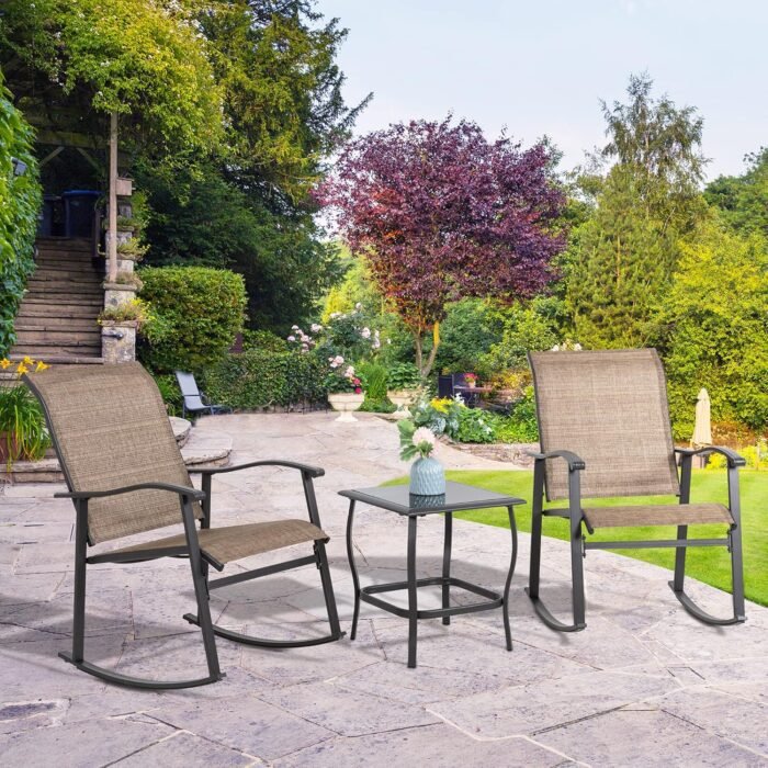 Shintenchi 3 Piece Rocking Bistro Set, Outdoor Furniture with Rocker Chairs and Glass Coffee Table Set of 3, Balcony, Porch Furniture for Small Space, Brown - Image 7