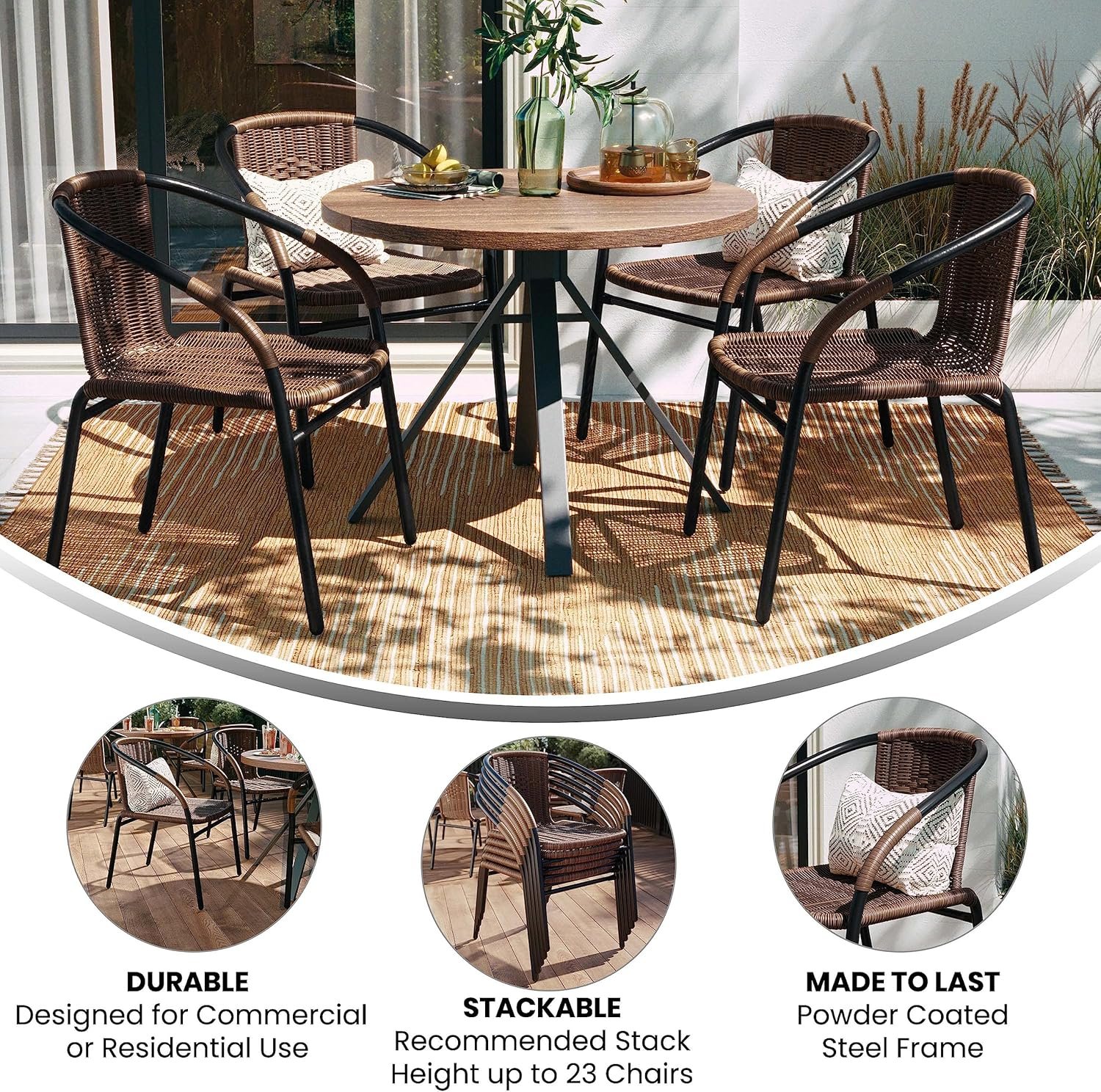 Flash Furniture Lila Modern Rattan Indoor/Outdoor Stackable Dining Chairs, Stacking Rattan Bistro Chairs for Patio or Restaurant, Set of 4, Brown - Image 4