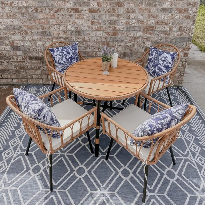 YITAHOME 5 Pieces Outdoor Patio Dining Table Chair Set,Wicker Patio Dining Set,Outdoor Rattan Dining Table Set for Patio, Backyard, Balcony, Garden (with Umbrella Hole), Beige