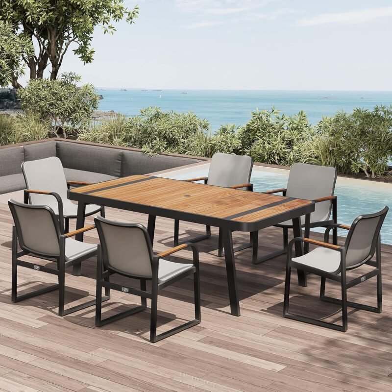 EAST OAK Signature 7 Pieces Outdoor Dining Set, Patio Furniture Set with Finest Teak Wood, Powder-Coated Aluminum Frame Table and Teslin Fabric Chairs, Patio Dining Set for Garden and Yard, Dark Grey