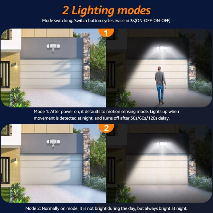 HGGH Motion Sensor Outdoor Lights - Flood Lights Outdoor Security Light Led Foodlights Ip65 Waterproof 6000k 38w 4200lm 3 Head Plug in Outside Lights for House, Backyard, Porch 2 Pack - Image 4