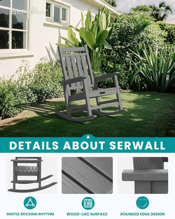 SEWALL Oversized Outdoor Rocking Chair Set of 2, HDPE Rocking Chair for Adults, Patio Rocking Chairs for Porch, Grey - Image 4