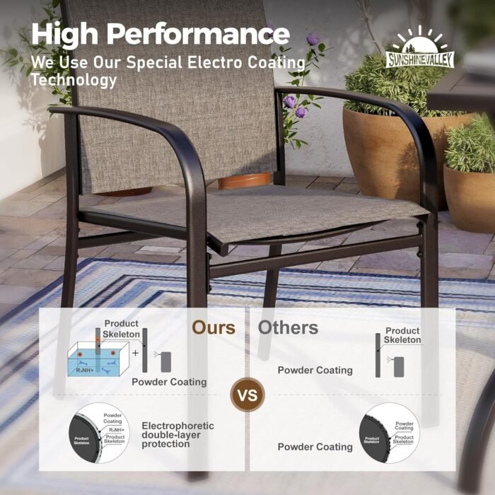 7 Piece Outdoor Dining Set for 6, Rectangular Wood-Like Metal Table with Umbrella Hole and 6 Dining Chairs, Outdoor Table and Chairs for Lawn Garden Backyard and Deck, Brown - Image 3