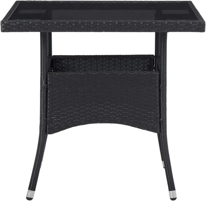 vidaXL Patio Dining Table with Tempered Glass Top, Square Shape, Weather-Resistant Black Poly Rattan and Steel Frame, Suitable for Outdoor/Indoor Use - Image 2