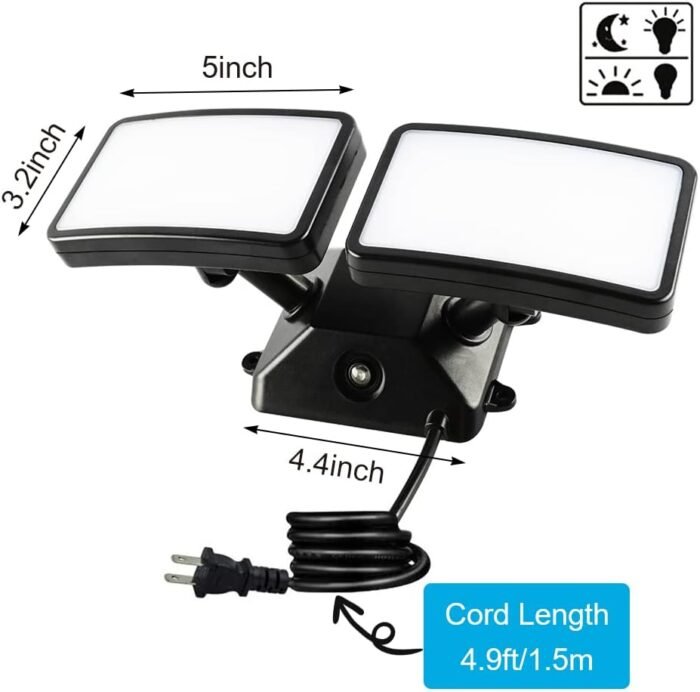 FAGUANGAO Dusk to Dawn LED Security Light,18W Plug in Flood Light Outdoor,5000k Daylight,1600lm, IP55 Waterproof,Adjustable 2 Heads Wall Light for Garage, Porch, Yard, Black - Image 5