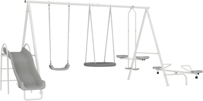 Outsunny Swing Set for Backyard, 5 in 1 Heavy-Duty A-Frame Stand Outdoor Playset for Kids with 29.5" Saucer Swing, Slide, Seesaw, Glider, Swing Seat, Gray