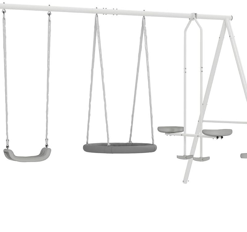 Outsunny Swing Set for Backyard, 5 in 1 Heavy-Duty A-Frame Stand Outdoor Playset for Kids with 29.5" Saucer Swing, Slide, Seesaw, Glider, Swing Seat, Gray