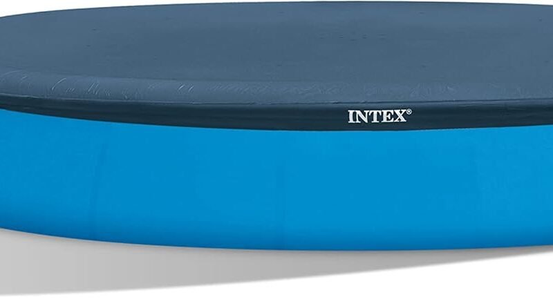 INTEX 28023E Pool Cover: For 15ft Round Easy Set Pools – Includes Rope Tie – Drain Holes – 12in Overhang – Snug Fit