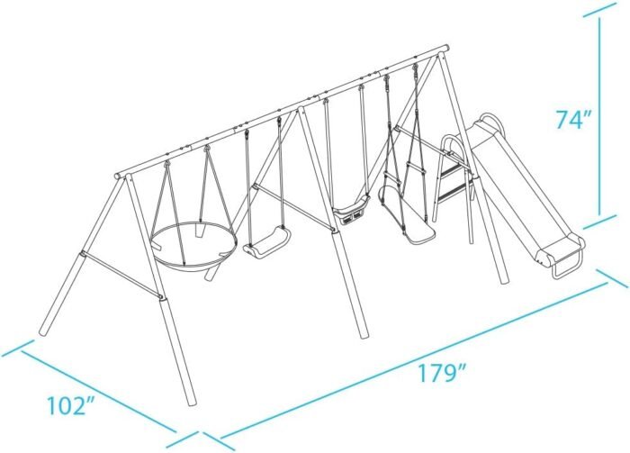 Surf N Swing'in - 6 User / 5 Station Metal Backyard Playground Swing Set. 180" L x 104" Deep x 74" H, by XDP Recreation - Image 9