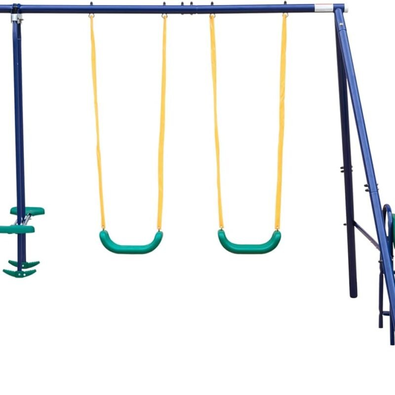 Outdoor Garden Swing Set with Five Seats A-Frame Heavy-Duty Steel with 1 Glider, 2 Swings and 1 Slide Play Set for Kids