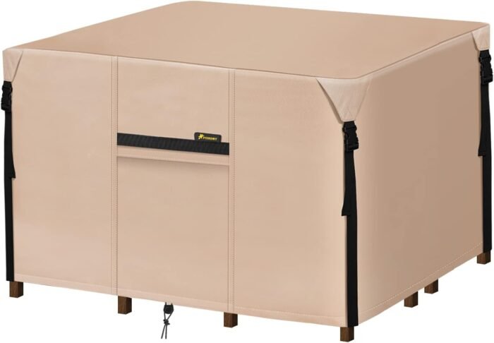 PTEROMY Waterproof Patio Table Cover, Heavy Duty 600D Canvas Patio Furniture Covers for Outdoor Dining Table and Chairs (Beige, 86''x 62'')