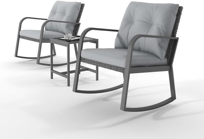 Patio Rocking Chair Outdoor Bistro Set (Gray, 3PIECES)