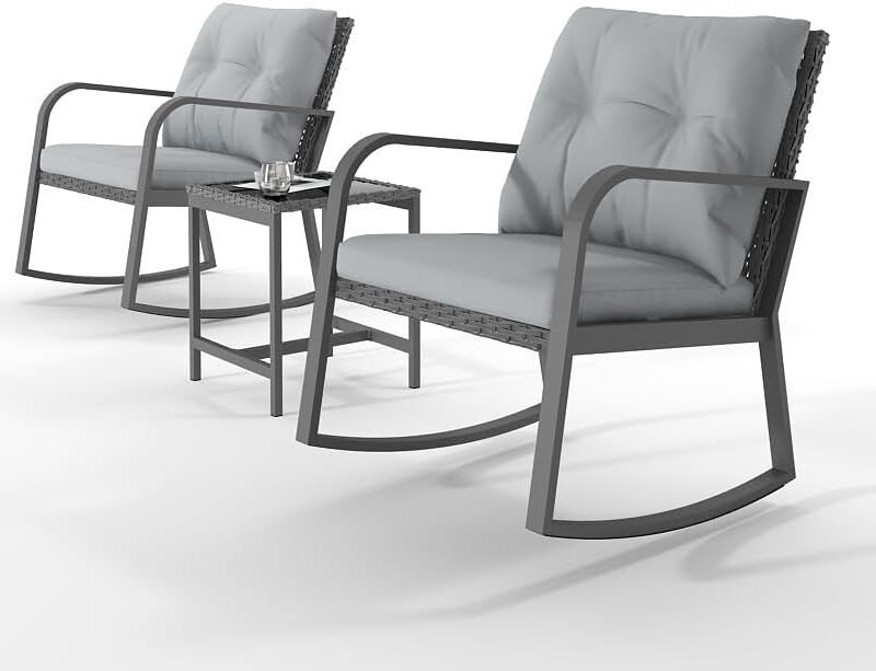 Patio Rocking Chair Outdoor Bistro Set (Gray, 3PIECES)