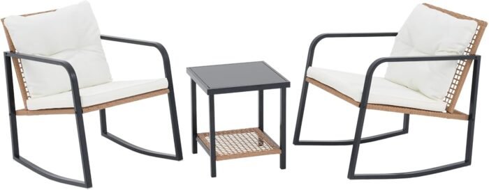SUNSITT 3 Piece Outdoor Bistro Set, Wicker Patio Rocking Bistro Set w/Weather-Resistant Cushions, Metal Bistro Table & Chairs Set of 2, Woven Rattan Patio Rocking Chairs Set w/Outdoor Coffee Table - Image 2
