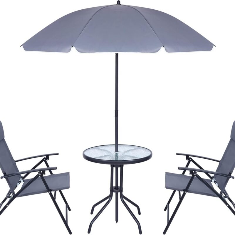 4 Piece Patio Dining Set, Outdoor Garden Furniture Bistro Set with Tilted Removable Umbrella, 2 Folding Chairs, and Round Glass Table (Grey)