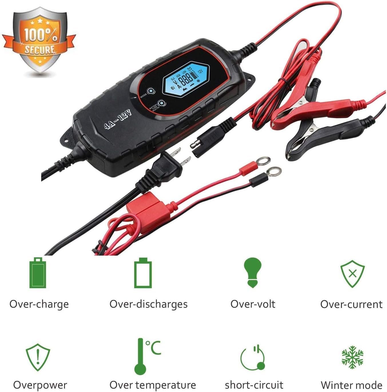 Car Battery Charger and Maintainer, 6V 12V Fully Automatic Smart Battery Charger, Trickle Charger Multipurpose Set for Trucks, Motorcycles, Lawn Mower, Boat, Scooter - Image 6