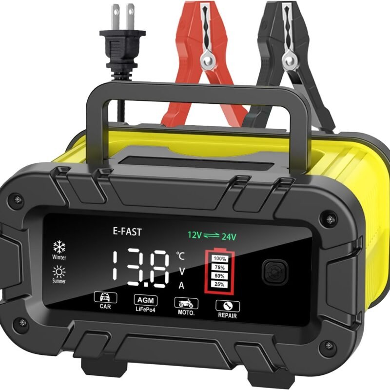 E-FAST 20A Battery Charger,12/24V Lifepo4 Lead Acid Automatic Smart Car Battery Charger, Portable Automotive Trickle Charger, Automobile Battery Maintainer for Car Truck Motorcycle Lawn Mower Boat