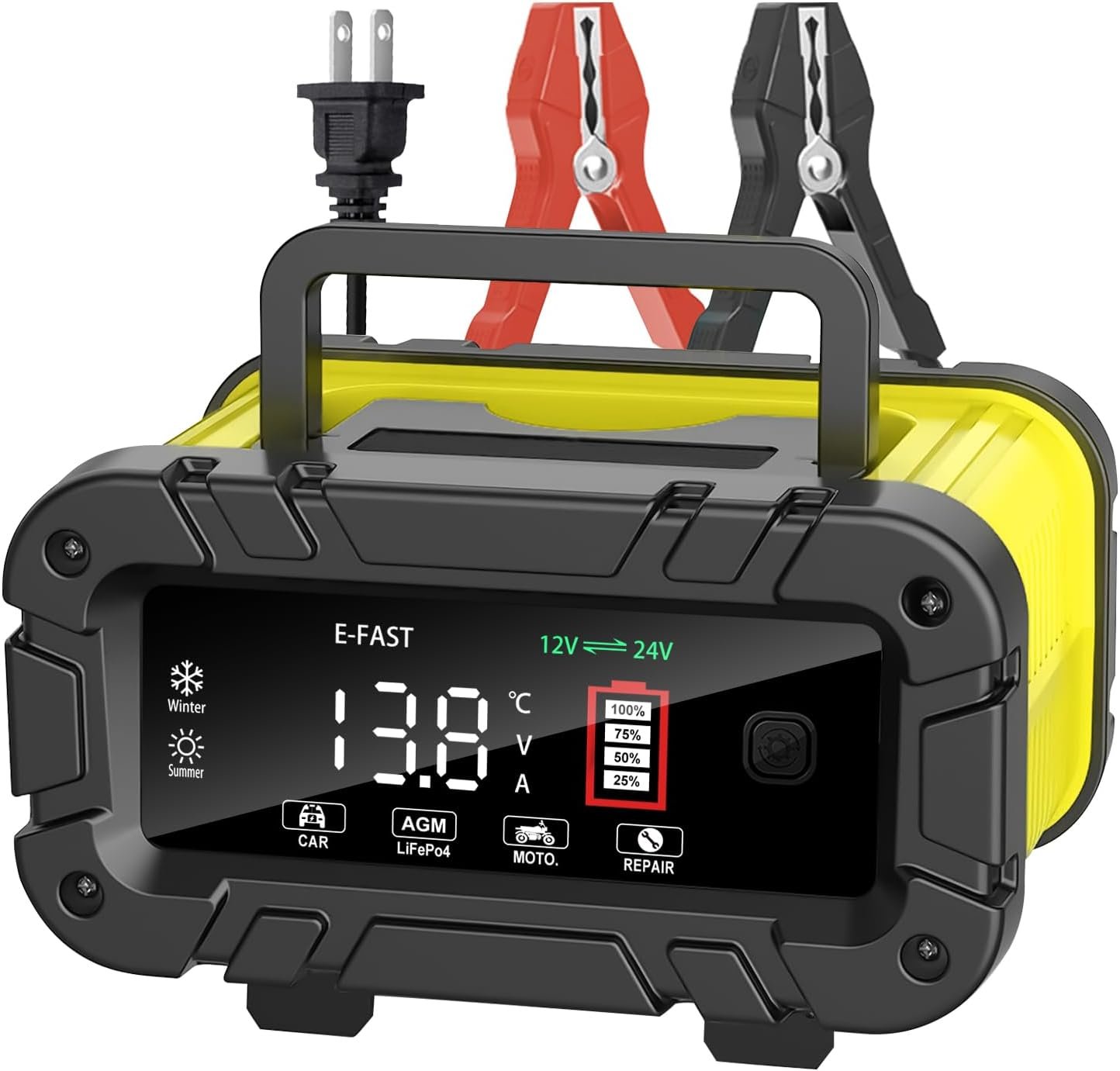 E-FAST 20A Battery Charger,12/24V Lifepo4 Lead Acid Automatic Smart Car Battery Charger, Portable Automotive Trickle Charger, Automobile Battery Maintainer for Car Truck Motorcycle Lawn Mower Boat