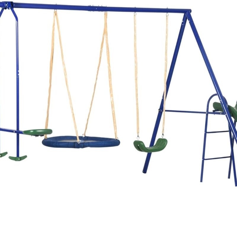 Outsunny Swing Set for Backyard, 5 in 1 Heavy-Duty A-Frame Stand Outdoor Playset for Kids with 29.5" Saucer Swing, Slide, Seesaw, Glider, Swing Seat, Blue