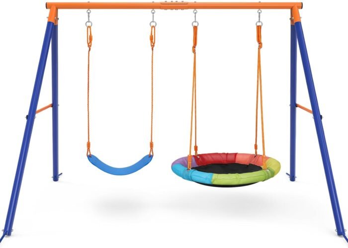 Swing Set with Stand for Kids, Heavy Duty Metal A-Frame Out Playset Holds 440 lbs, Swing Stand with 32" Saucer Seat and 26.2" Seat, Outdoor Swing Sets for Backyard