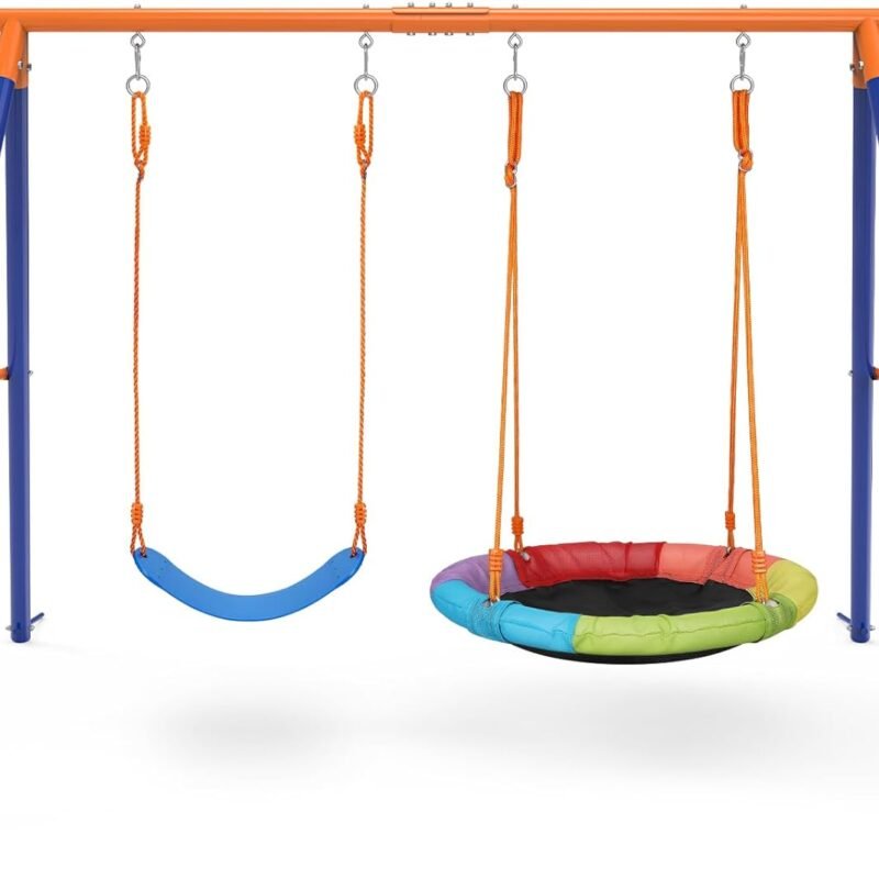 Swing Set with Stand for Kids, Heavy Duty Metal A-Frame Out Playset Holds 440 lbs, Swing Stand with 32" Saucer Seat and 26.2" Seat, Outdoor Swing Sets for Backyard