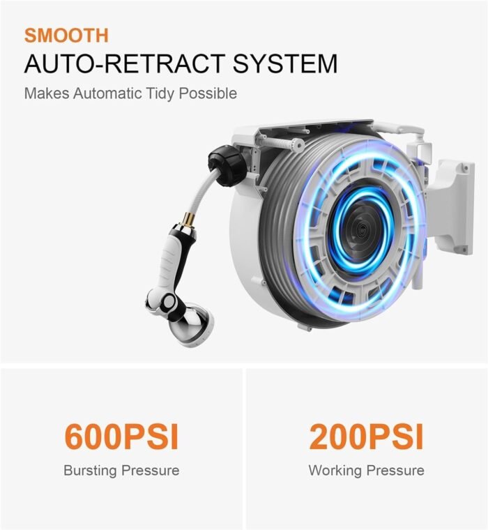 150 FT x 1/2" Retractable Garden Hose Reel by HOZEREEL, Outdoor Garden Hose Reels - Automatic Self Retract Wall Mount Hose Reel Enclosed Storage, Any Length Lock, 10 Pattern Nozzle-Grey - Image 4
