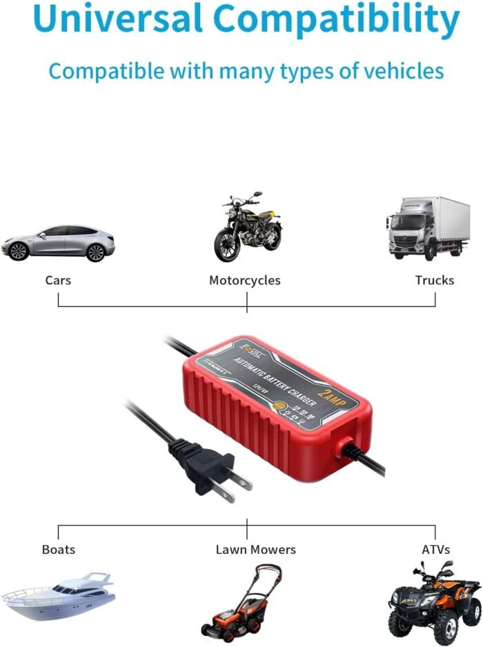 [2-Pack] FOVAL 2-Amp Car Battery Charger, 6V and 12V Portable Automatic Smart Charger, Battery Maintainer, Trickle Charger and Battery Desulfator for Car Lawn Mower Motorcycle Boat Lead Acid Batteries - Image 5