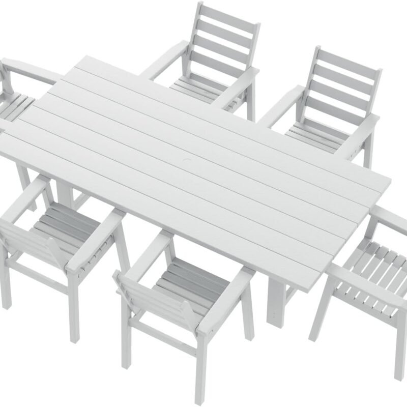 7-Piece Outdoor Dining Set, 71" HDPE Table with 6 Chairs, Large Outside Patio Furniture with Umbrella Hole for Garden, Backyard, Poolside, White