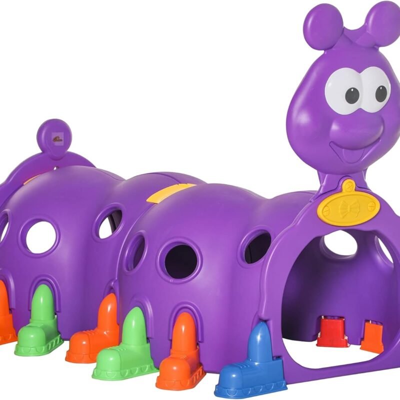 Qaba Caterpillar Kids Play Tunnel, Toddler Tunnel for Kids 3-6 to Crawl and Climb Through, Kids Play Equipment for Indoor or Outdoor Playground, 6 Sections, Purple