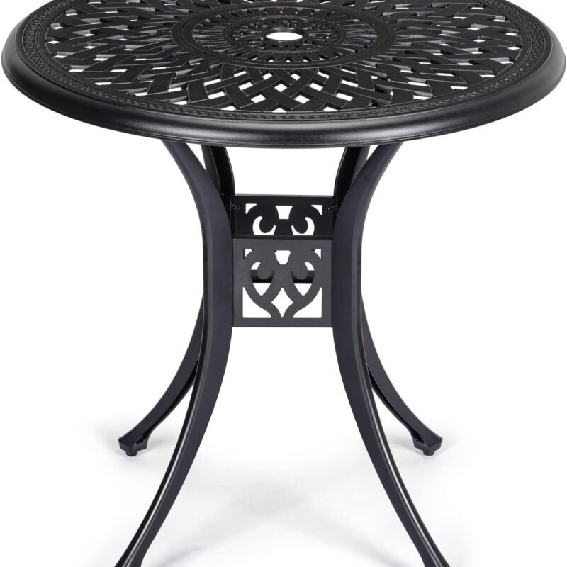 30.25 Inch Patio Bistro Table with Adjustable Feet, Round Outdoor Coffee Table with Umbrella Hole, Outdoor Side Table for Porch, Backyard, Garden, Classic Black