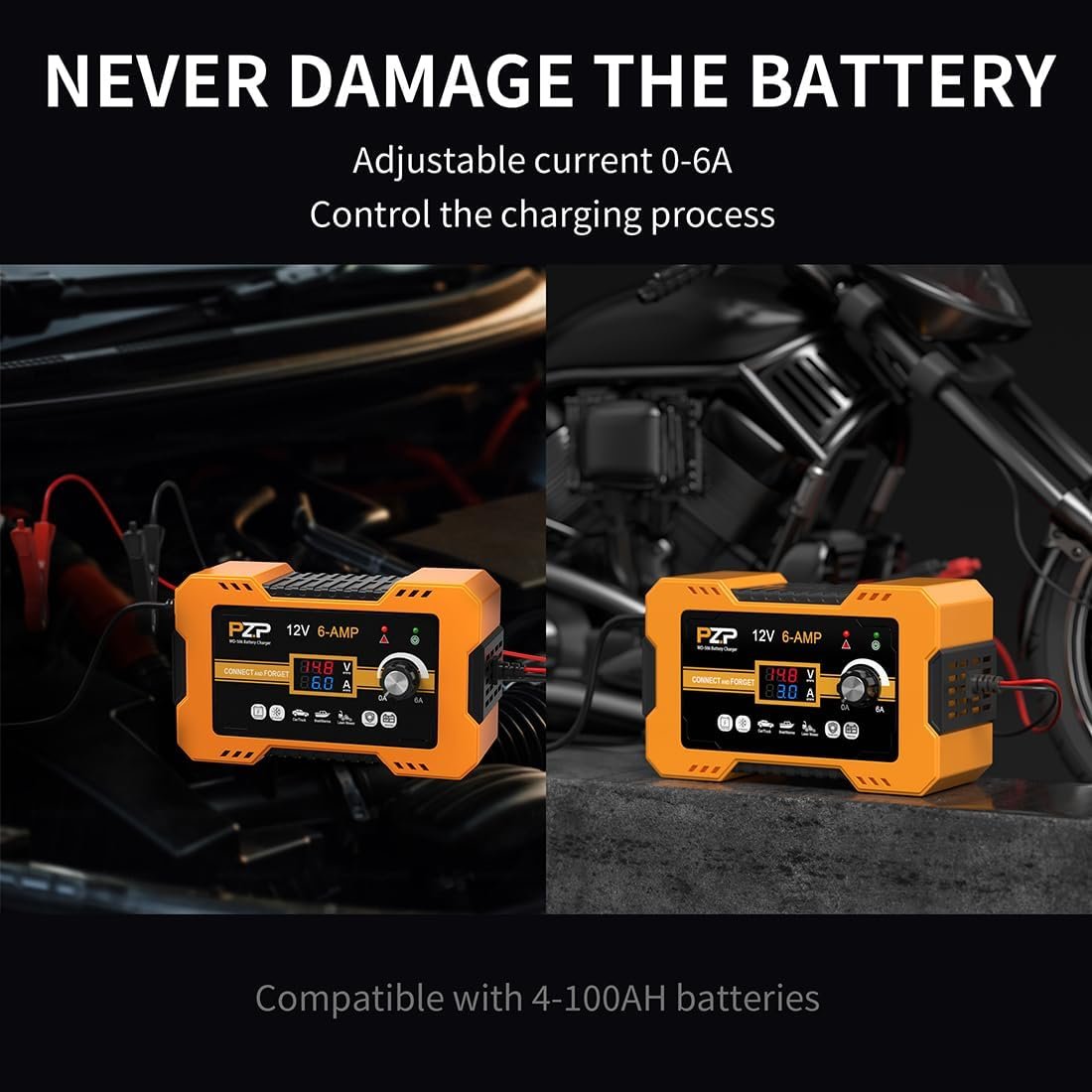 12V Automatic Car Battery Charger Maintainer, 0 to 6A Smart Arbitrarily Adjustable Battery Trickle Charger, Battery Desulfator with Repair, Winter Mode, Suitable for AGM GEL Deep Cycle Lawn Mower - Image 2
