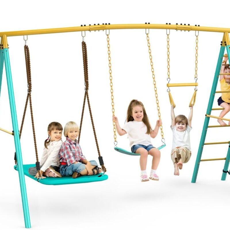 Swing Set for Backyard, Heavy-Duty Metal Swing Sets for Kids with 2 Swings, Climbing Ladder and Nets,Trapeze Bar, Soccer Goals and Basketball Hoop Up to 660lbs