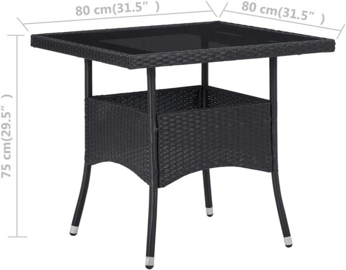 vidaXL Patio Dining Table with Tempered Glass Top, Square Shape, Weather-Resistant Black Poly Rattan and Steel Frame, Suitable for Outdoor/Indoor Use - Image 4