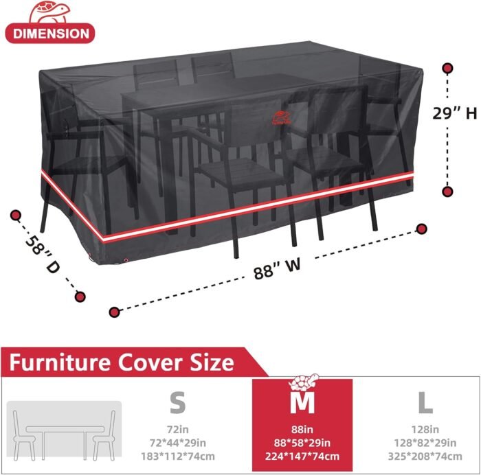 Patio Furniture Sets Cover, Heavy Duty Rectangular Durable Waterproof Outdoor UV Resistant Anti-Fading Dining Table Chairs Furniture Cover, Black, 88" Lx58”Wx29”H - Image 3
