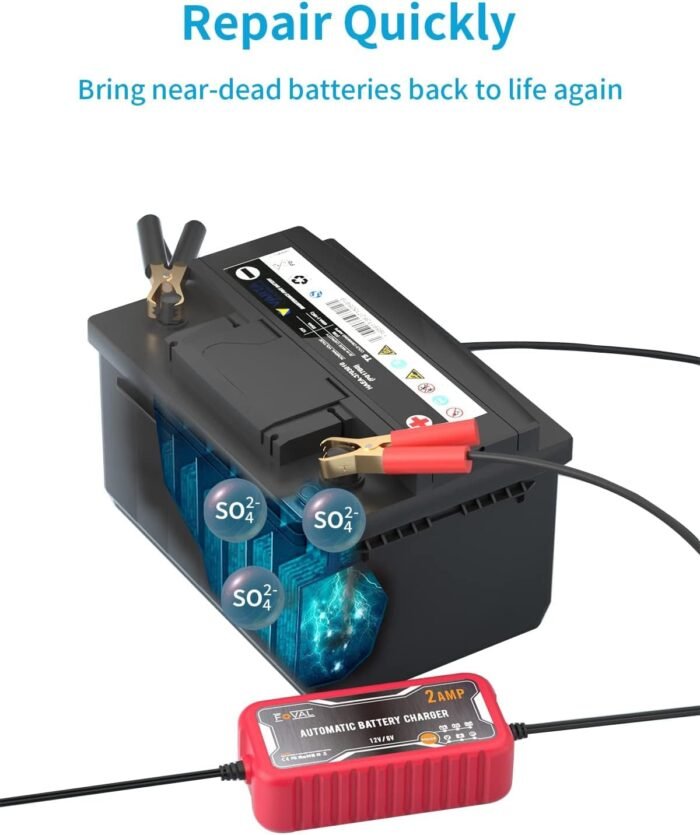 [2-Pack] FOVAL 2-Amp Car Battery Charger, 6V and 12V Portable Automatic Smart Charger, Battery Maintainer, Trickle Charger and Battery Desulfator for Car Lawn Mower Motorcycle Boat Lead Acid Batteries - Image 6