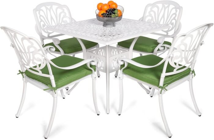 VIVIJASON 5-Piece Patio Furniture Dining Set, All-Weather White Cast Aluminum Outdoor Conversation Set, Include 4 Cushioned Chairs and a 35.4" Square Table w/Umbrella Hole for Balcony Lawn Garden