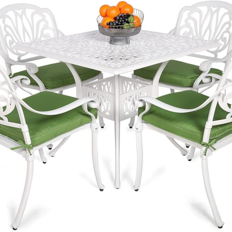 VIVIJASON 5-Piece Patio Furniture Dining Set, All-Weather White Cast Aluminum Outdoor Conversation Set, Include 4 Cushioned Chairs and a 35.4" Square Table w/Umbrella Hole for Balcony Lawn Garden