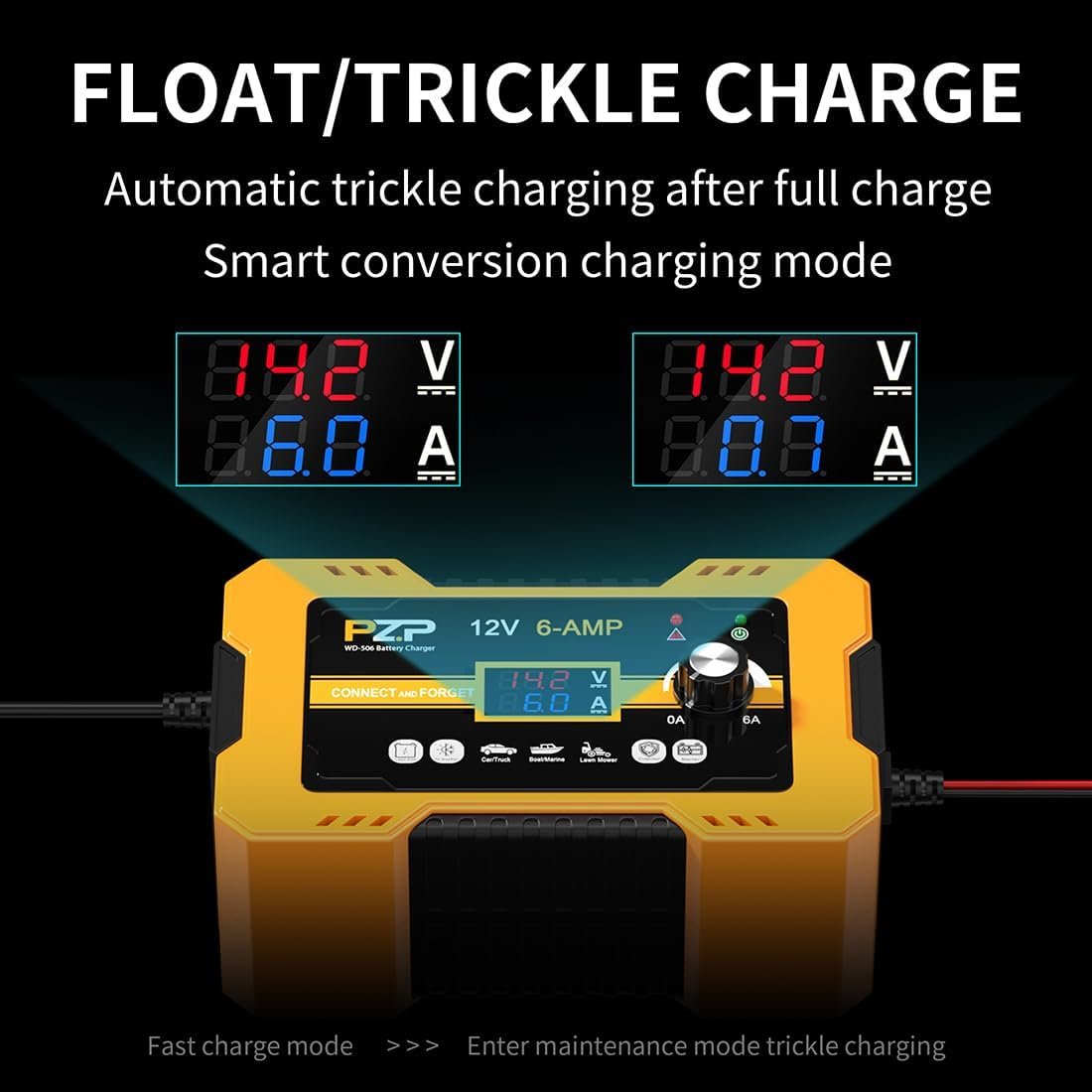 12V Automatic Car Battery Charger Maintainer, 0 to 6A Smart Arbitrarily Adjustable Battery Trickle Charger, Battery Desulfator with Repair, Winter Mode, Suitable for AGM GEL Deep Cycle Lawn Mower - Image 5